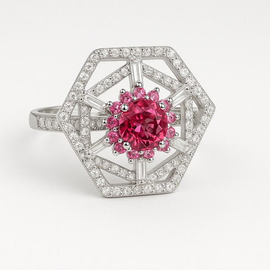 HexaBloom Ruby & CZ Statement Ring - Size 14