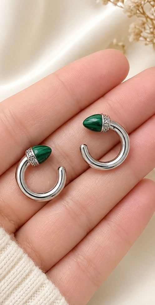 925 Silver Green Stone Hoop Earrings