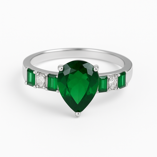 Emerald Teardrop Sterling Silver Ring – Elegant Green Stone Jewelry (Size 12)