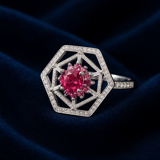 HexaBloom Ruby & CZ Statement Ring - Size 14