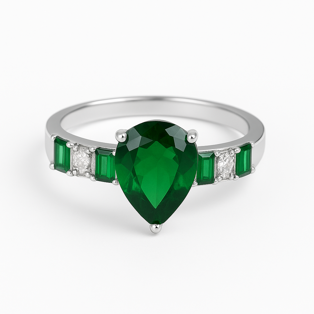 Emerald Teardrop Sterling Silver Ring – Elegant Green Stone Jewelry (Size 12)