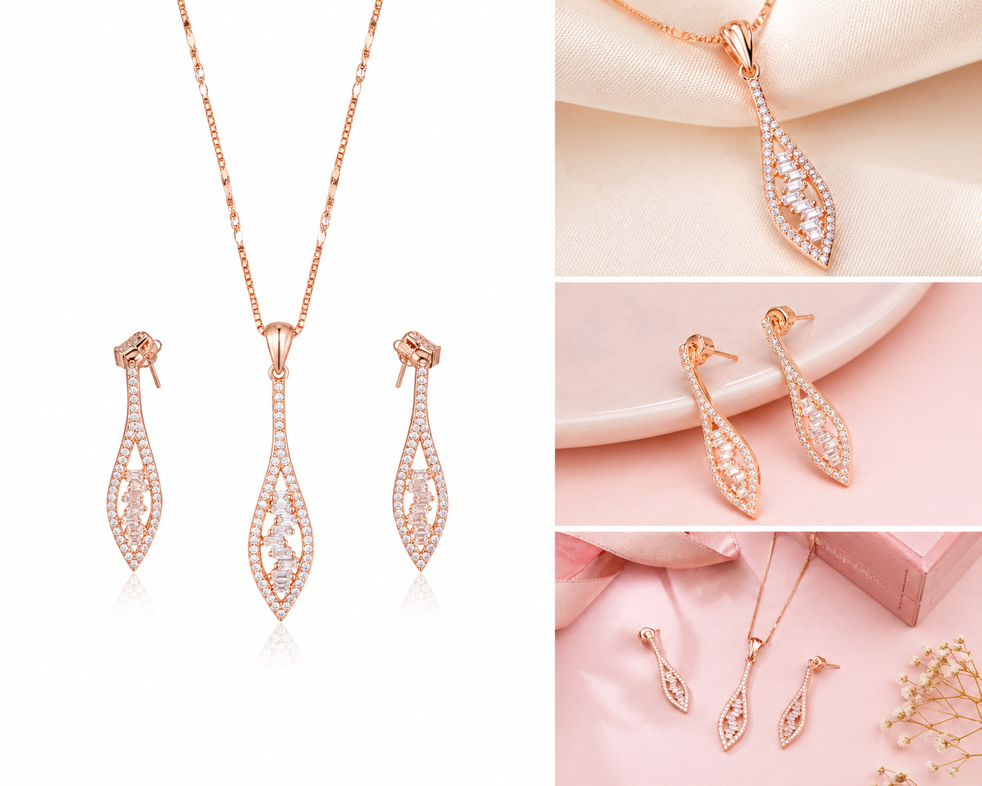 Aurelia Teardrop Pendant Set (925 Silver, Rose Gold Plated)