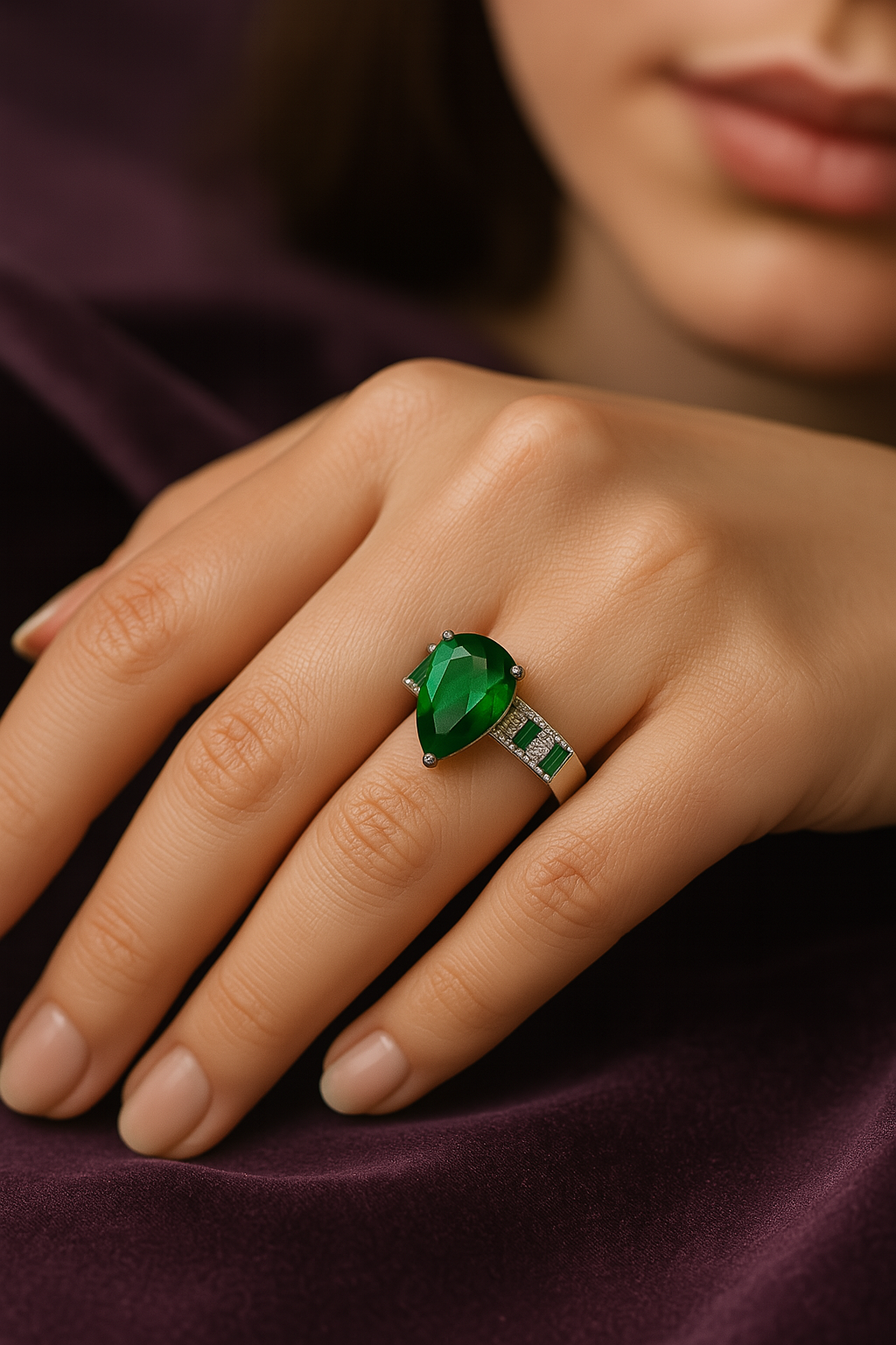 Emerald Teardrop Sterling Silver Ring – Elegant Green Stone Jewelry (Size 12)